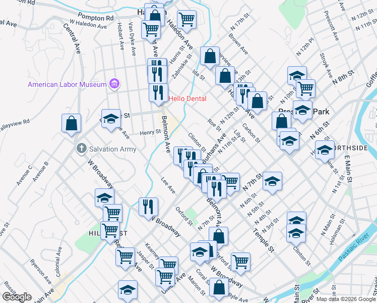 map of restaurants, bars, coffee shops, grocery stores, and more near 18 John Street in Haledon