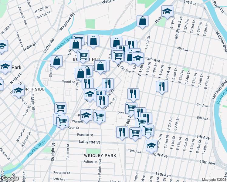 map of restaurants, bars, coffee shops, grocery stores, and more near 52 Sassafras Street in Paterson