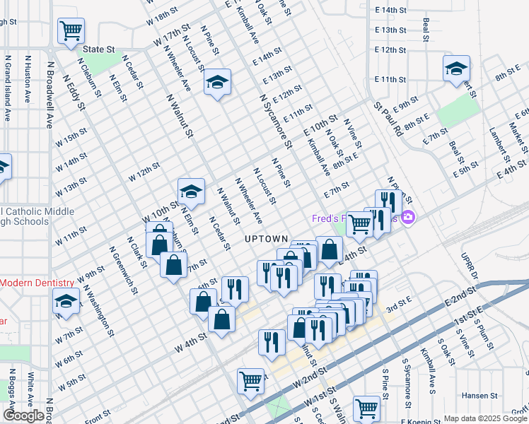map of restaurants, bars, coffee shops, grocery stores, and more near 701-749 North Wheeler Avenue in Grand Island