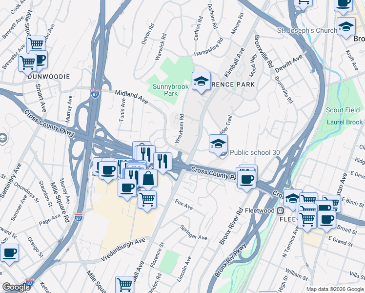 map of restaurants, bars, coffee shops, grocery stores, and more near in Yonkers