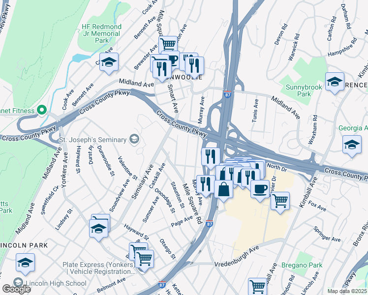 map of restaurants, bars, coffee shops, grocery stores, and more near 45 Mansion Avenue in Yonkers