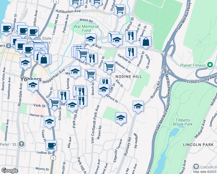 map of restaurants, bars, coffee shops, grocery stores, and more near 34 Cliff Street in Yonkers