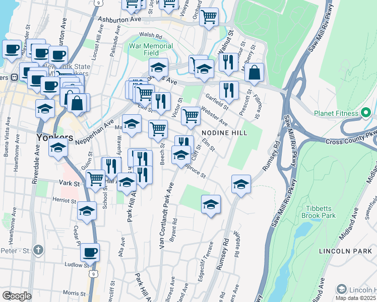 map of restaurants, bars, coffee shops, grocery stores, and more near 34 Cliff Street in Yonkers