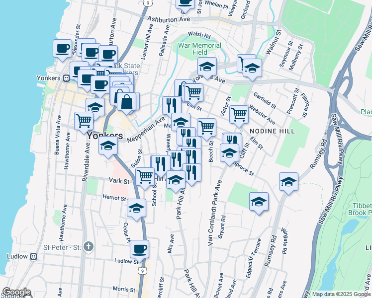map of restaurants, bars, coffee shops, grocery stores, and more near 136 Willow Street in Yonkers