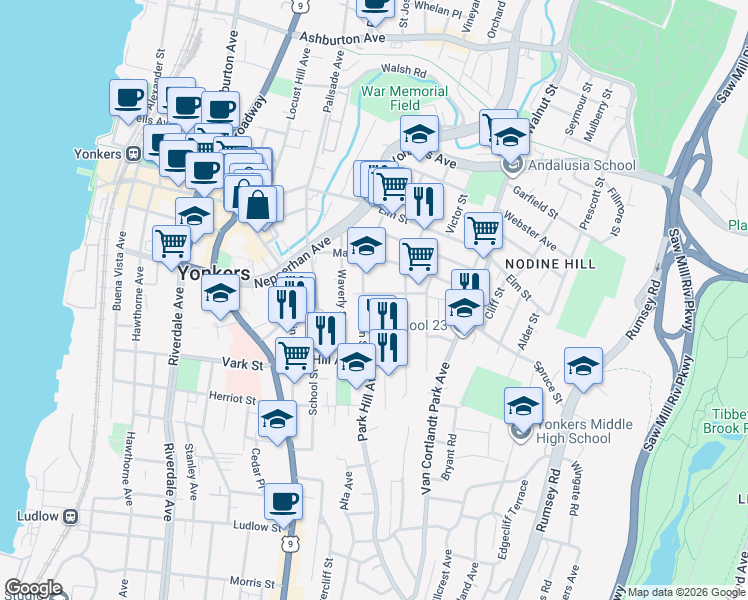 map of restaurants, bars, coffee shops, grocery stores, and more near 136 Willow Street in Yonkers