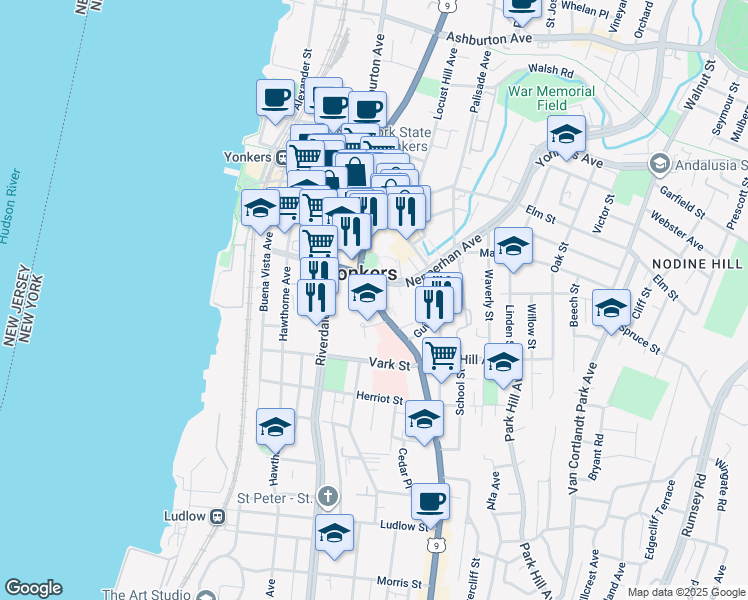 map of restaurants, bars, coffee shops, grocery stores, and more near in Yonkers