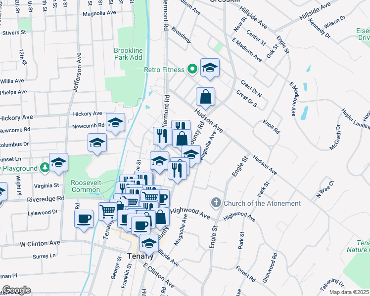 map of restaurants, bars, coffee shops, grocery stores, and more near 194 County Road in Tenafly