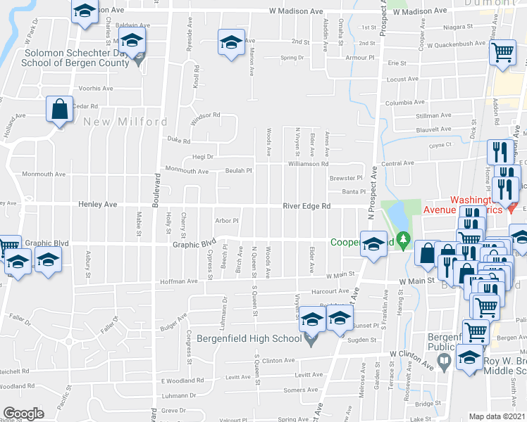 map of restaurants, bars, coffee shops, grocery stores, and more near 83 Woods Avenue in Bergenfield