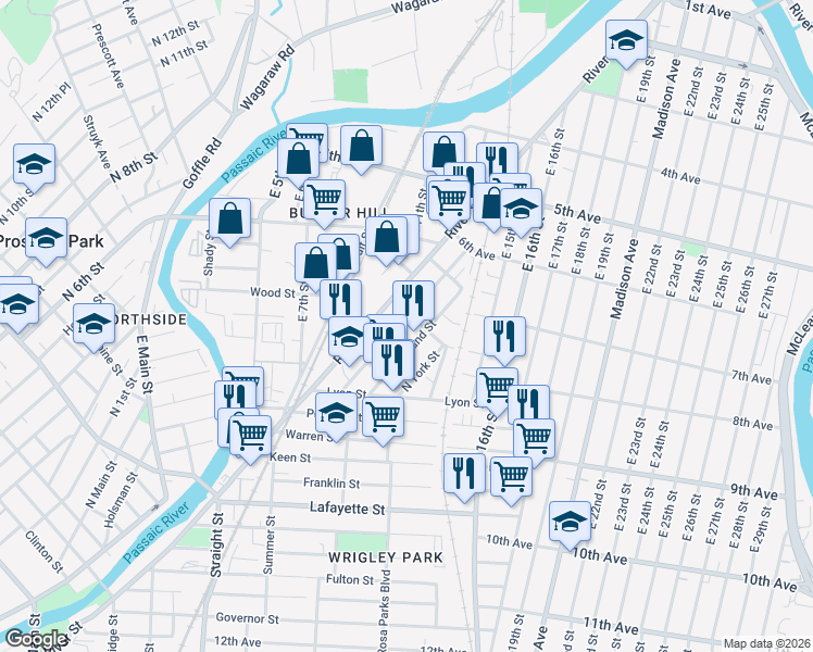 map of restaurants, bars, coffee shops, grocery stores, and more near 133 Butler Street in Paterson