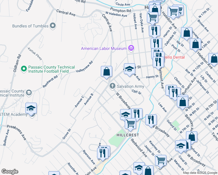 map of restaurants, bars, coffee shops, grocery stores, and more near 446 Kearney Street in Paterson