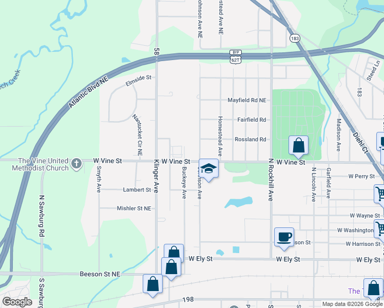 map of restaurants, bars, coffee shops, grocery stores, and more near in Alliance