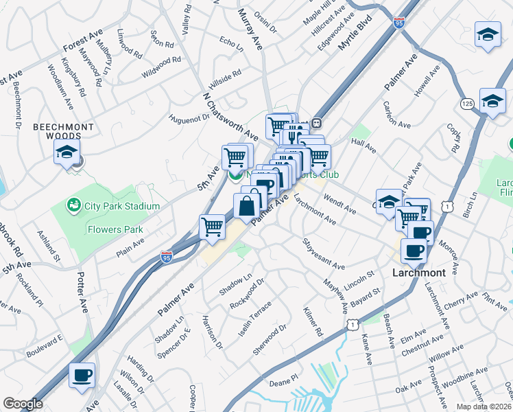 map of restaurants, bars, coffee shops, grocery stores, and more near 2005 Palmer Avenue in Larchmont