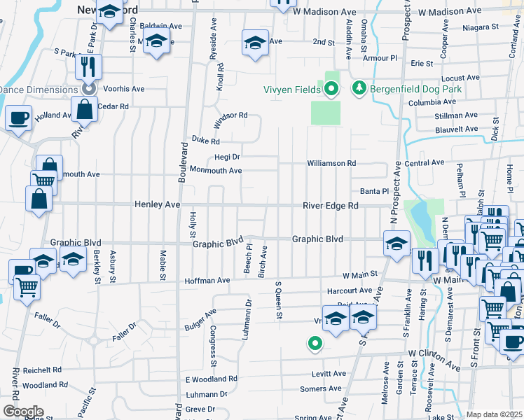 map of restaurants, bars, coffee shops, grocery stores, and more near 90 North Queen Street in Bergenfield