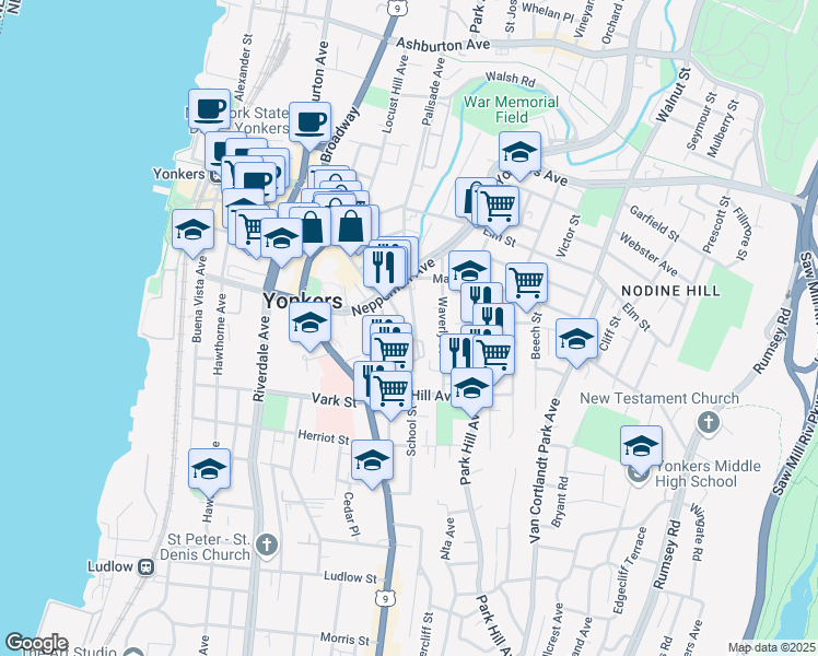 map of restaurants, bars, coffee shops, grocery stores, and more near 55 School Street in Yonkers