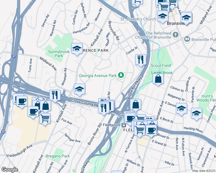 map of restaurants, bars, coffee shops, grocery stores, and more near 69 Ardell Road in Bronxville