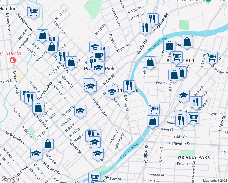 map of restaurants, bars, coffee shops, grocery stores, and more near 247 North 4th Street in Paterson