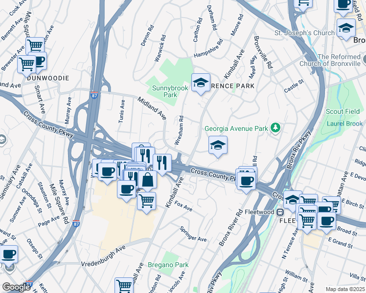 map of restaurants, bars, coffee shops, grocery stores, and more near in Yonkers
