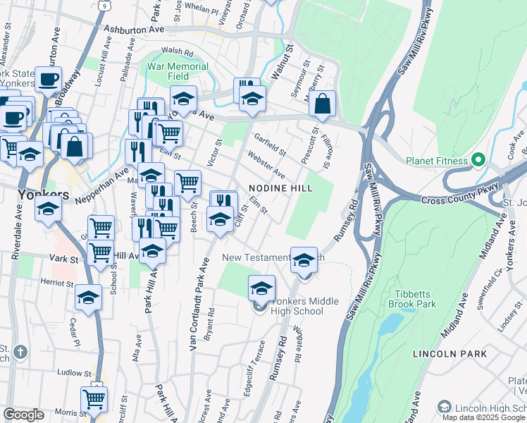 map of restaurants, bars, coffee shops, grocery stores, and more near 7 Alder Street in Yonkers