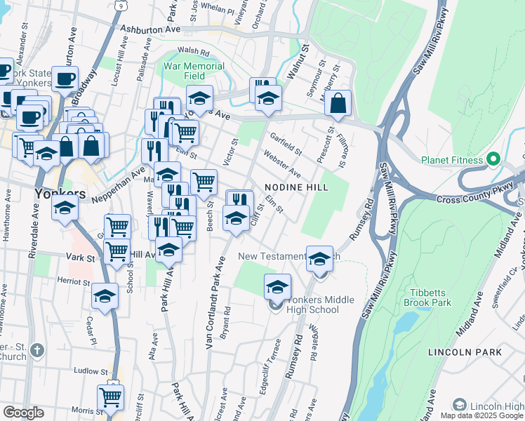 map of restaurants, bars, coffee shops, grocery stores, and more near 34 Cliff Street in Yonkers