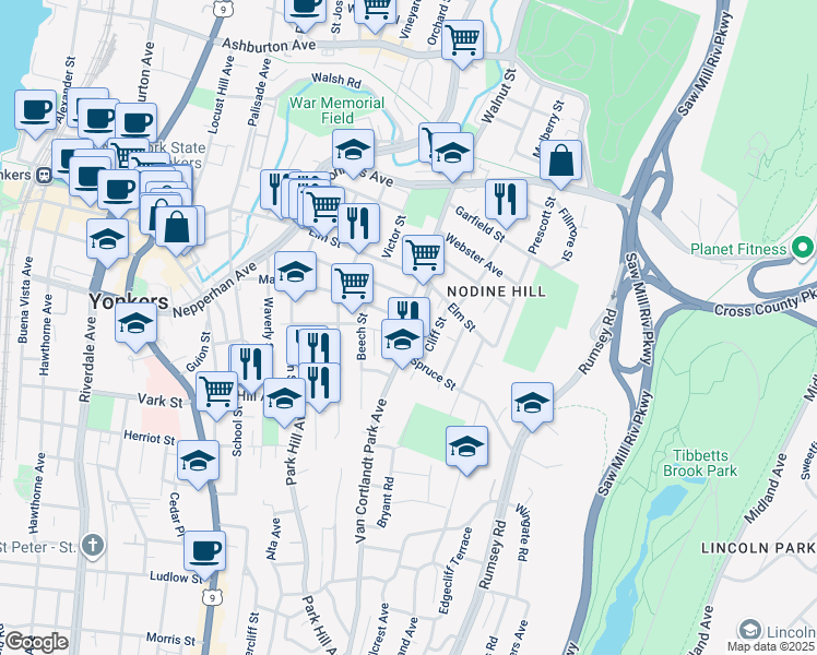 map of restaurants, bars, coffee shops, grocery stores, and more near 55 Van Cortlandt Park Avenue in Yonkers