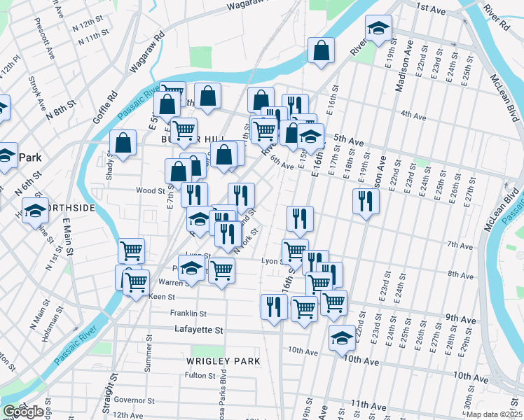 map of restaurants, bars, coffee shops, grocery stores, and more near in Paterson