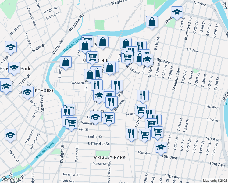 map of restaurants, bars, coffee shops, grocery stores, and more near 133 Butler Street in Paterson