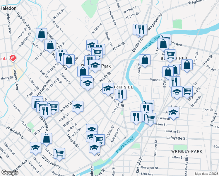 map of restaurants, bars, coffee shops, grocery stores, and more near 31 North 4th Street in Paterson