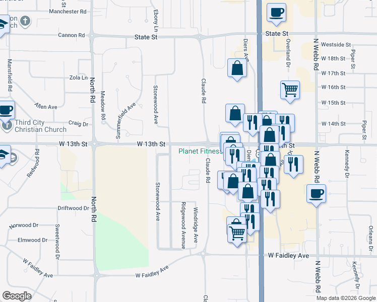 map of restaurants, bars, coffee shops, grocery stores, and more near 1204 Cedar Ridge Court in Grand Island