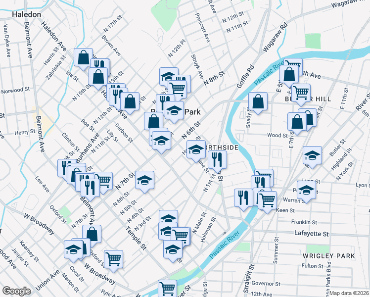 map of restaurants, bars, coffee shops, grocery stores, and more near 17 Hopper Street in Prospect Park