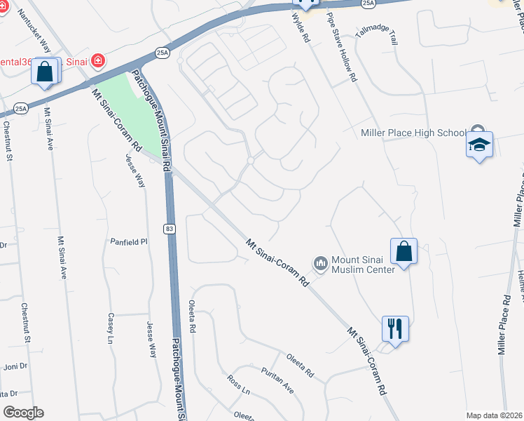 map of restaurants, bars, coffee shops, grocery stores, and more near 17 Woodstork Drive in Mount Sinai