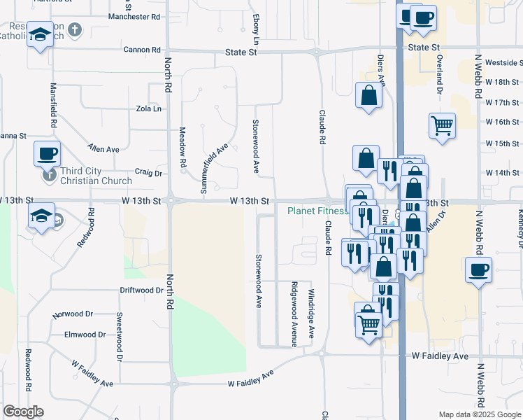 map of restaurants, bars, coffee shops, grocery stores, and more near 1202 Stonewood Avenue in Grand Island