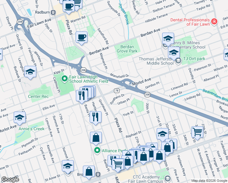 map of restaurants, bars, coffee shops, grocery stores, and more near 25-10 Morlot Avenue in Fair Lawn