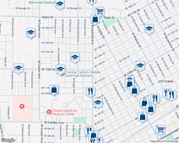 map of restaurants, bars, coffee shops, grocery stores, and more near 1801-1899 W 12th St in Grand Island