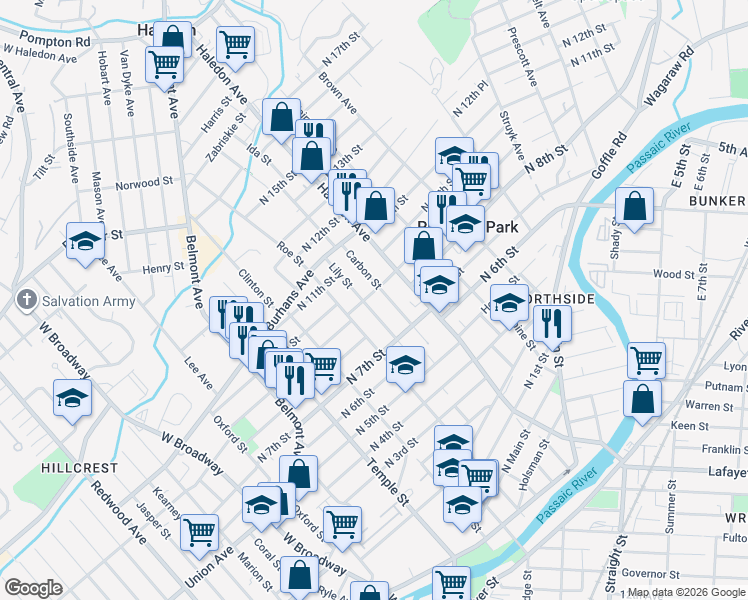 map of restaurants, bars, coffee shops, grocery stores, and more near 145 Lily Street in Paterson