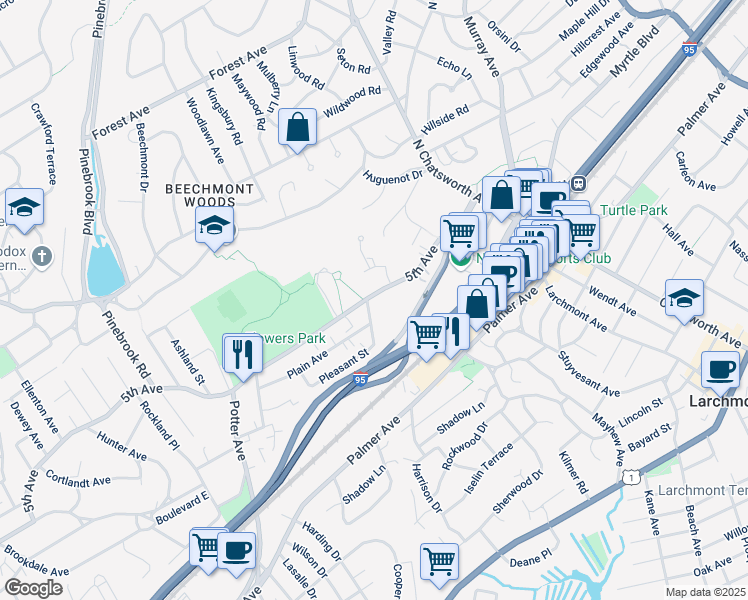 map of restaurants, bars, coffee shops, grocery stores, and more near 10 Valley Place in Larchmont