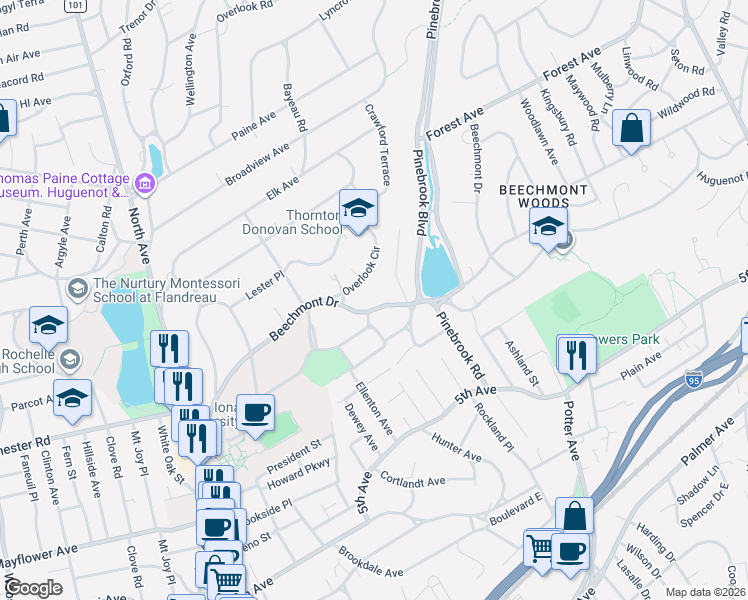 map of restaurants, bars, coffee shops, grocery stores, and more near 229 Beechmont Drive in New Rochelle