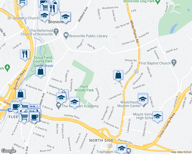 map of restaurants, bars, coffee shops, grocery stores, and more near 220 Central Parkway in Mount Vernon