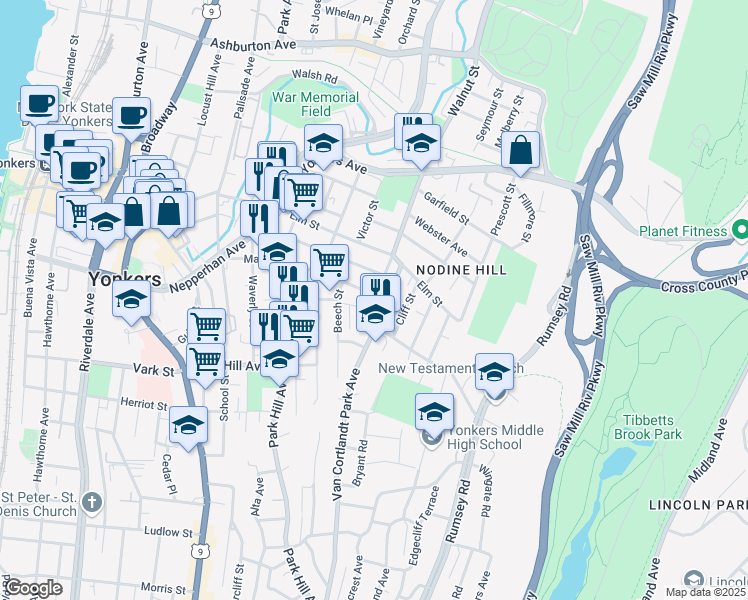 map of restaurants, bars, coffee shops, grocery stores, and more near 55 Van Cortlandt Park Avenue in Yonkers