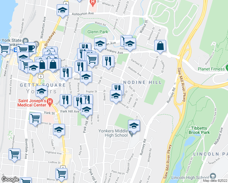 map of restaurants, bars, coffee shops, grocery stores, and more near 55 Van Cortlandt Park Avenue in Yonkers