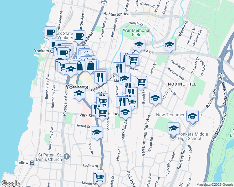 map of restaurants, bars, coffee shops, grocery stores, and more near 155 Linden Street in Yonkers