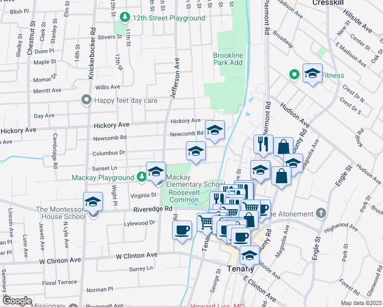 map of restaurants, bars, coffee shops, grocery stores, and more near 69 Sunset Lane in Tenafly