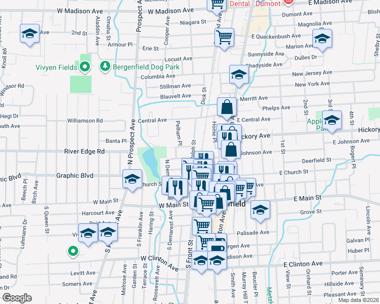 map of restaurants, bars, coffee shops, grocery stores, and more near 14 Carlisle Street in Bergenfield