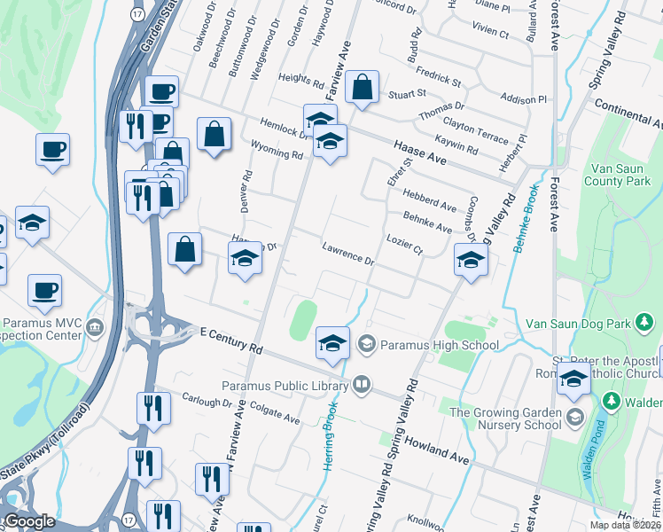 map of restaurants, bars, coffee shops, grocery stores, and more near 166 Halsey Street in Paramus