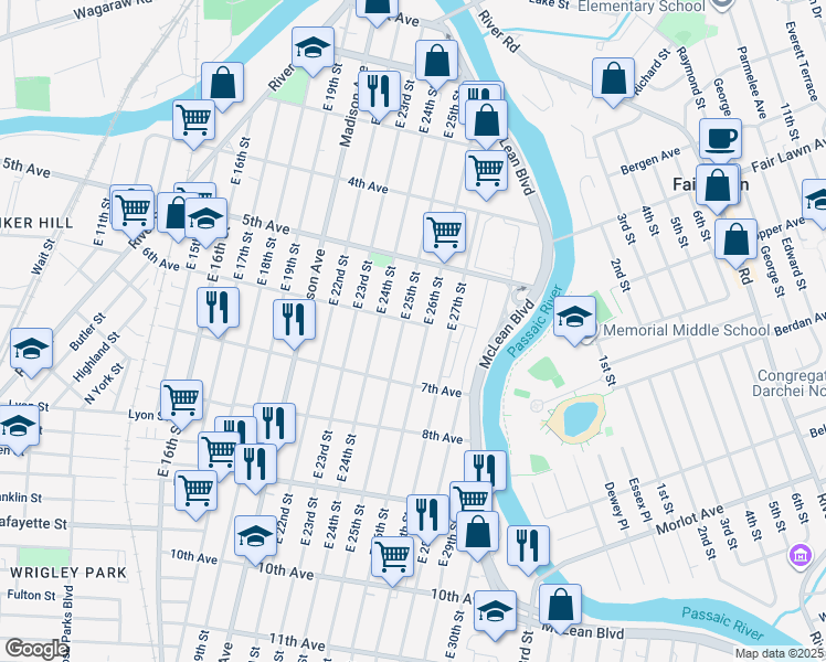 map of restaurants, bars, coffee shops, grocery stores, and more near 227 East 26th Street in Paterson