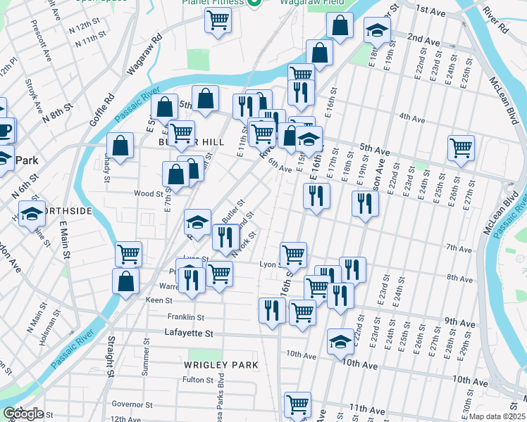 map of restaurants, bars, coffee shops, grocery stores, and more near in Paterson