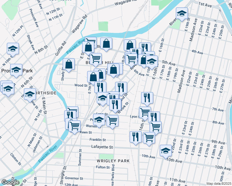 map of restaurants, bars, coffee shops, grocery stores, and more near 133 Butler Street in Paterson