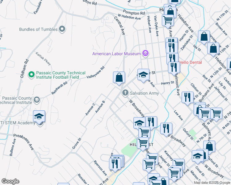 map of restaurants, bars, coffee shops, grocery stores, and more near 12 Katz Avenue in Paterson