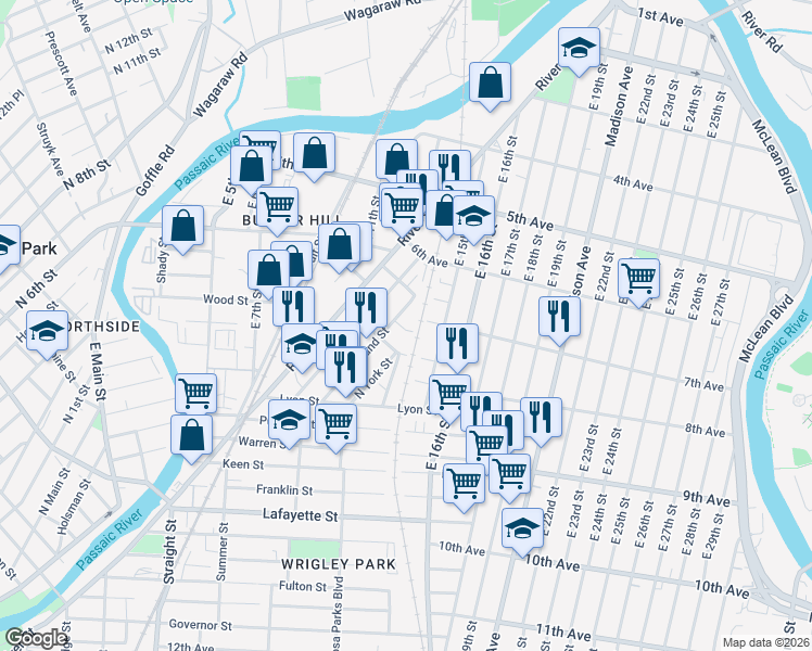 map of restaurants, bars, coffee shops, grocery stores, and more near 9 Park Place in Paterson