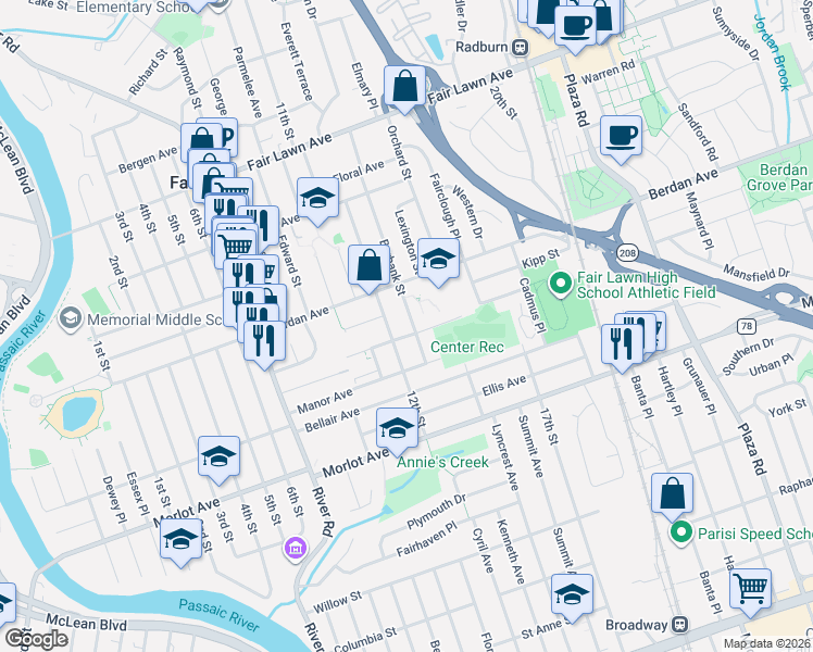 map of restaurants, bars, coffee shops, grocery stores, and more near 10-08 Burbank Street in Fair Lawn