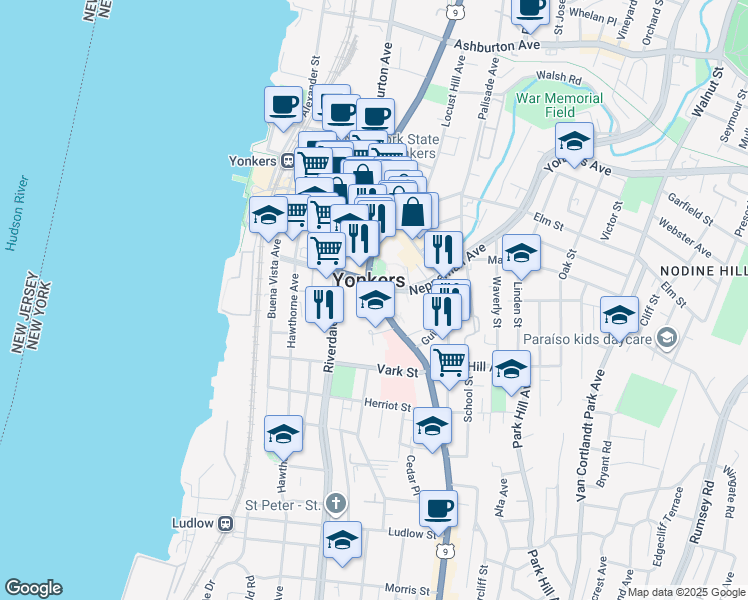 map of restaurants, bars, coffee shops, grocery stores, and more near in Yonkers
